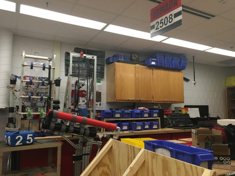 Some materials and supplies for the robotics team sit in the back room belonging to Todd Kapsner, industrial technology teacher and robotics club advisor. About half of the funding that the club gets from companies are donated parts, Kapsner estimated.