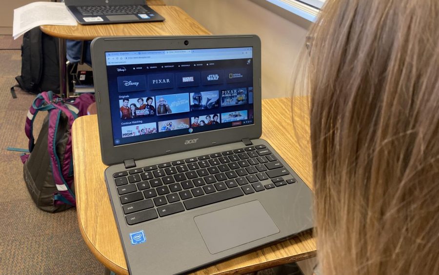 Students spend their free time watching their favorite series on Disney Plus. Many times this is done during FLEX. Seeing students watching this new streaming system allows others to see what it has to hold. This may convince them to subscribe. 