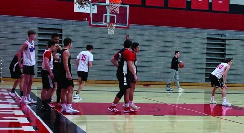 Boys Varsity basketball team practices after school from 3 p.m. until 5 p.m. As they prepare for their two games during the week, coach Hannigan pushes the team toward improvement. 