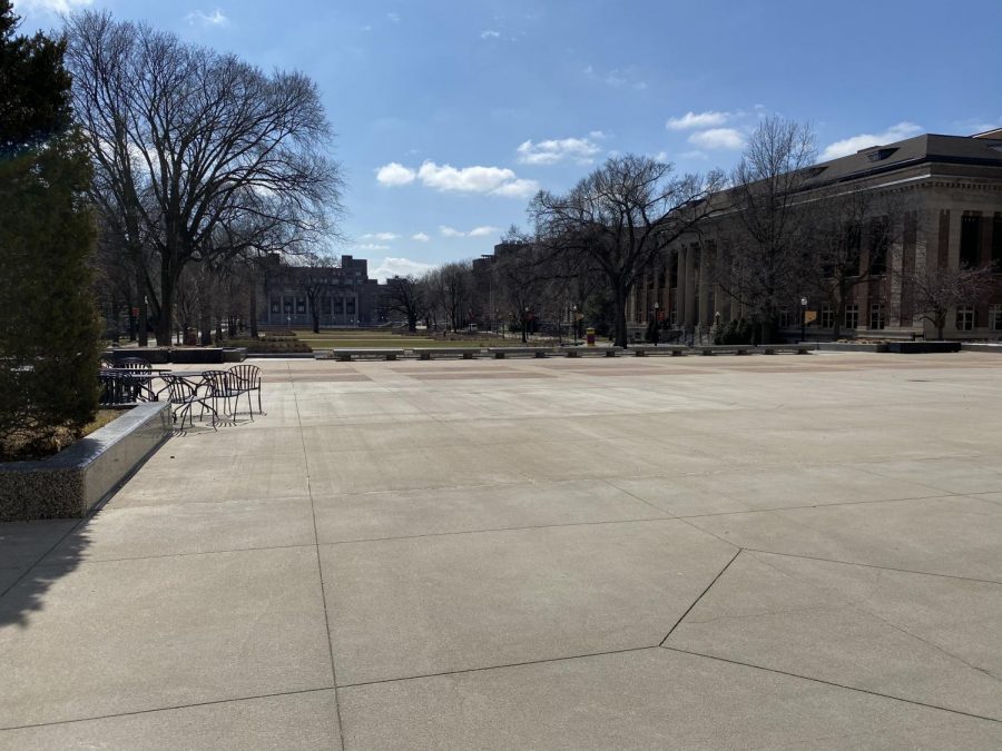 The University of Minnesota Mall is unusually bare for March 26 at noon. Students were sent home after the first major developments in the coronavirus pandemic.