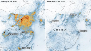 This detailed graph shows the Nitrogen dioxide emissions in China in Jan. and Feb. before and after the coronavirus outbreak. The picture in Feb. had a drastic reduction in Nitrogen dioxide levels in the air due to people being quarantined. 
