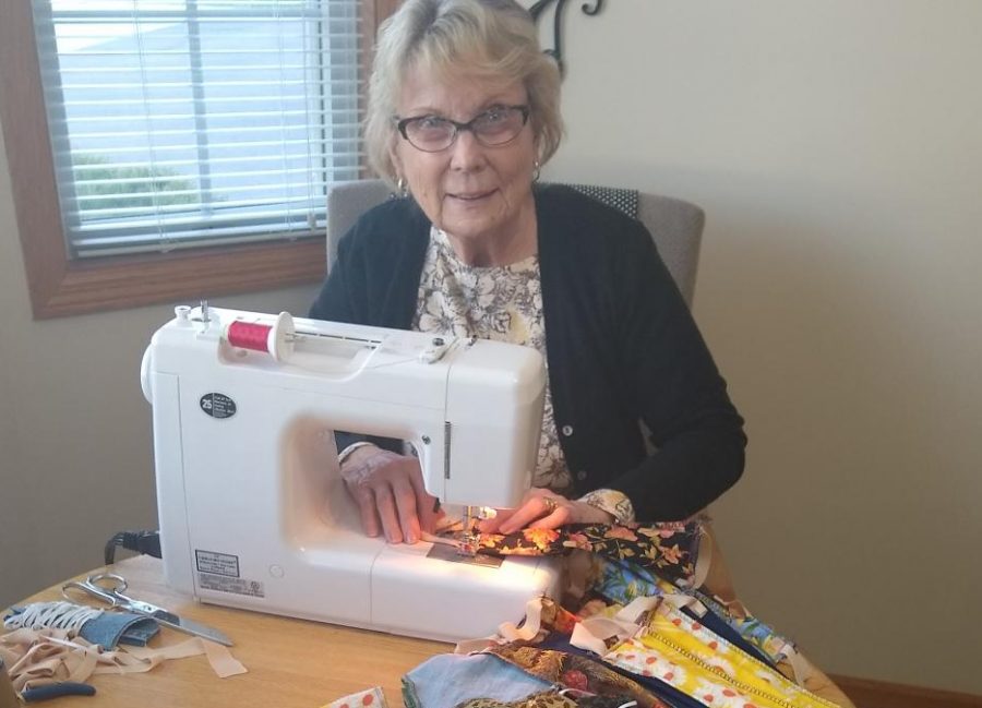 Boutwells Landing resident Judy Rubertus sews masks for distribution around the community. Sewing a total of 500 masks is just one of the many ways Rubertus is managing to stay busy and involved.