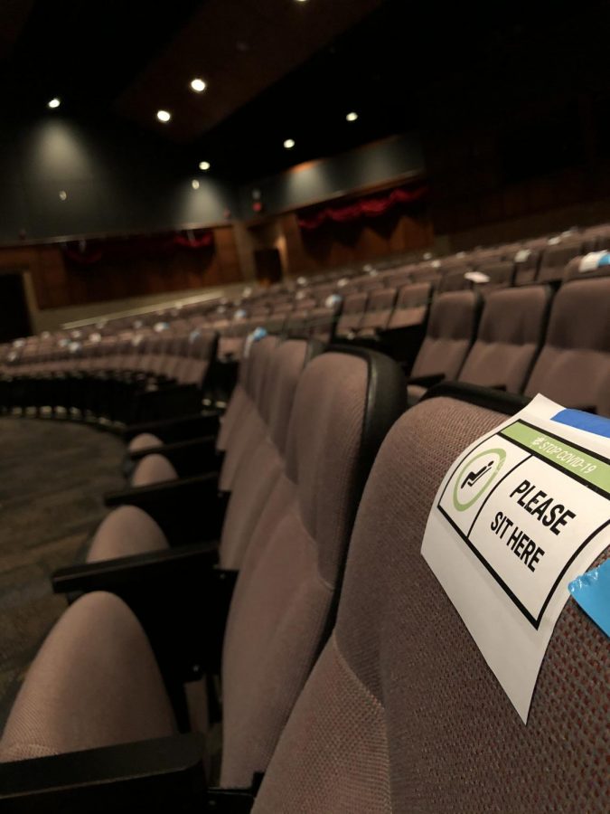 The Stillwater theatre’s empty house during the COVID 19 pandemic. All of the pieces of paper on the seats are somewhere where one person can sit to have the house be socially distanced to keep people safe.