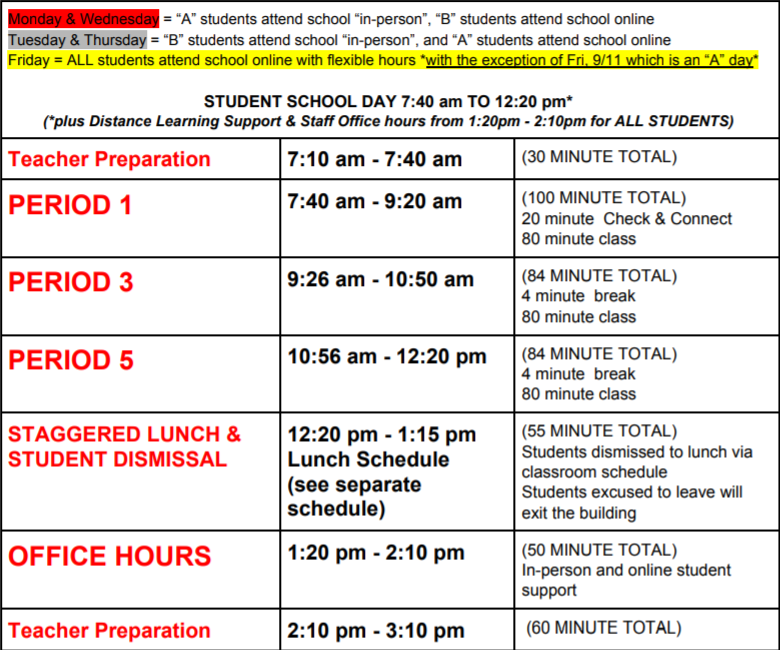 New bell schedule for the the 2020-2021 school year