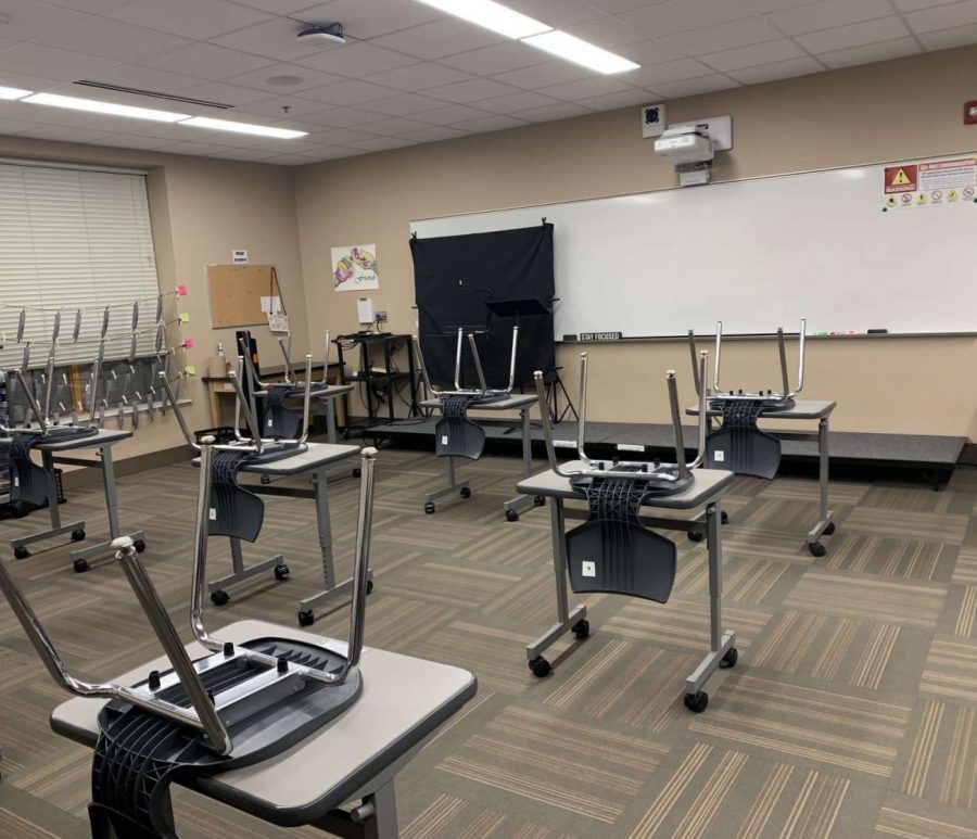 Classroom situation at Stillwater during COVID for the hybrid students. Students trying to get used to the new classroom set up.