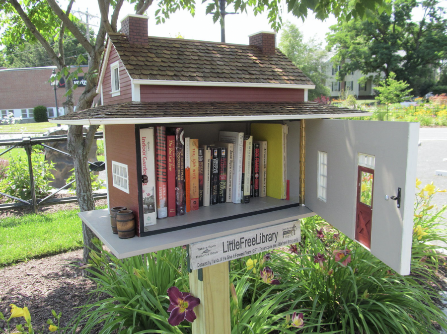 Sophomore Hannah Hebert uses her Little Free Library she built for the community in front of her house. She hopes people will use it to start enjoying reading as much as she does.