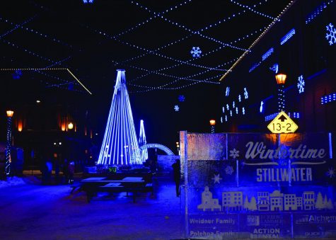 Downtown Stillwater has become decorated with lights. This scene is on Chestnut street looking towards the river.