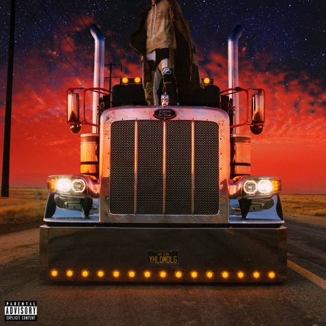 This is Bad Bunnys album cover of truck with a red and sky with stars background.
