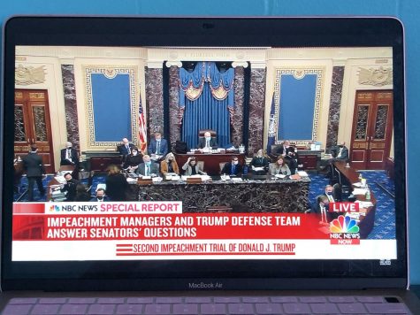 NBC News live streamed the impeachment trial when it was in session. On the left side is where the impeachment managers are and on the right is Trump’s defense. 
