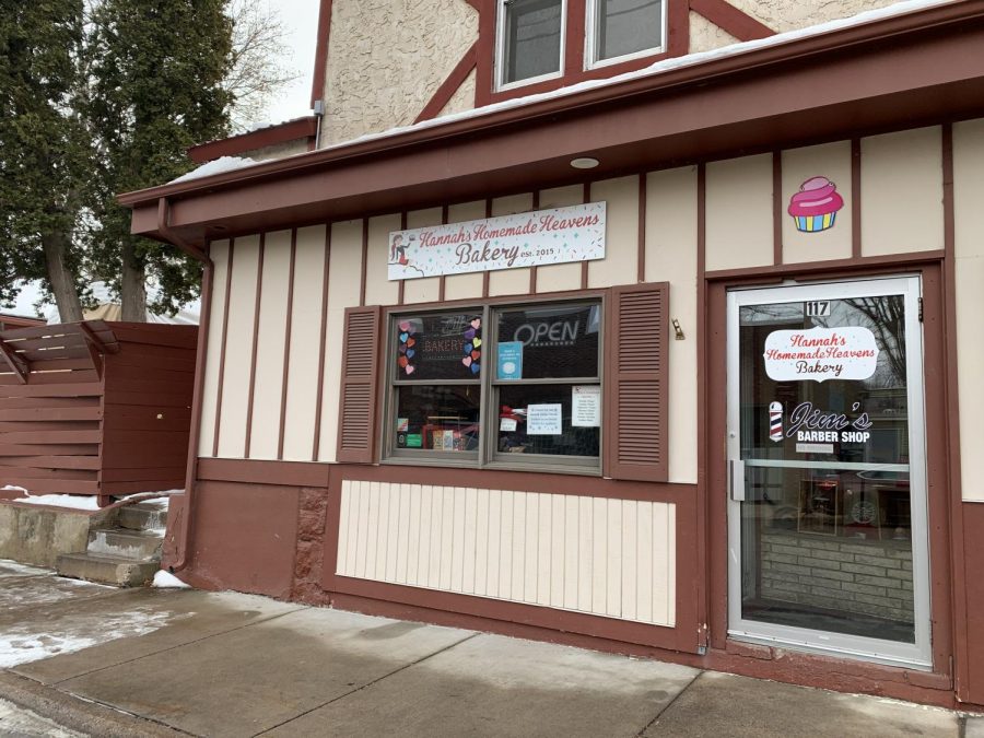 The storefront of Hannahs Homemade Heavens is decorated for Valentines on a chilly day in Stillwater. The bakery shares a corner with Jims Barber Shop and Meisters.  