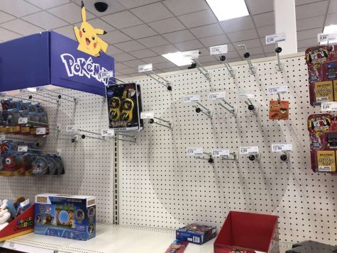 These are unstocked store shelves at a local target. These hooks are normally filled with packs of Pokémon cards, but now sit empty the majority of the time. 