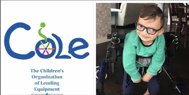 Petersons son, Cole, poses for picture. On the left side is The COLE Foundations logo.