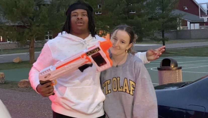 Sophomore Jawhn Cockfield with his first kill on Addie DeMars during war at Stillwater Public Works, on April 9.  Adding to the 69 recorded kills in the first two days.  