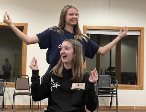 Sophomore Lorelei Fierro as Puck and freshman Paige Curtis as Peter Quince rehearse for A Midsummer Nights Dream at one of the Zephyr Theater locations. They prepare by memorizing their monologues and go over blocking to put on a show the audience would remember.  