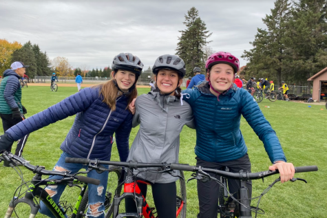 Addie Smitten (left), Meredith Christensen (middle), and Lily Ward (right) at the last MTB pratice of the season.