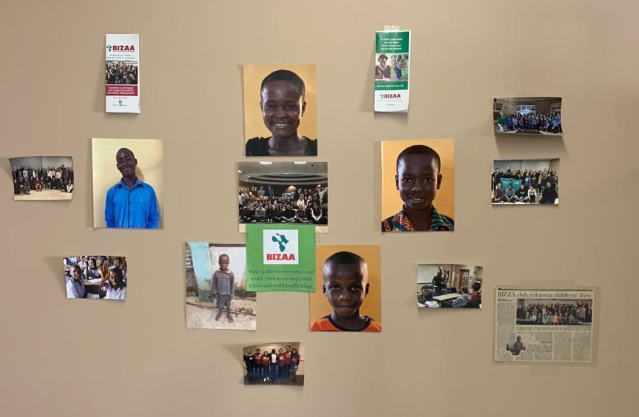 In Spanish teacher Kirsten Carters classroom is a wall with all five kids that BIZAA club sponsors.