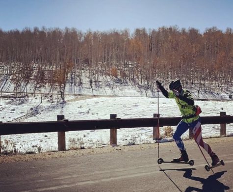 Adrik Kraftson training with rollerskis at a National Elite Group camp.