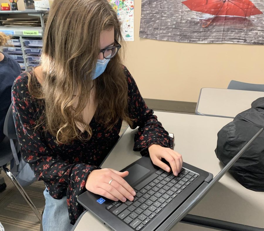 Student works on homework on computer at school.