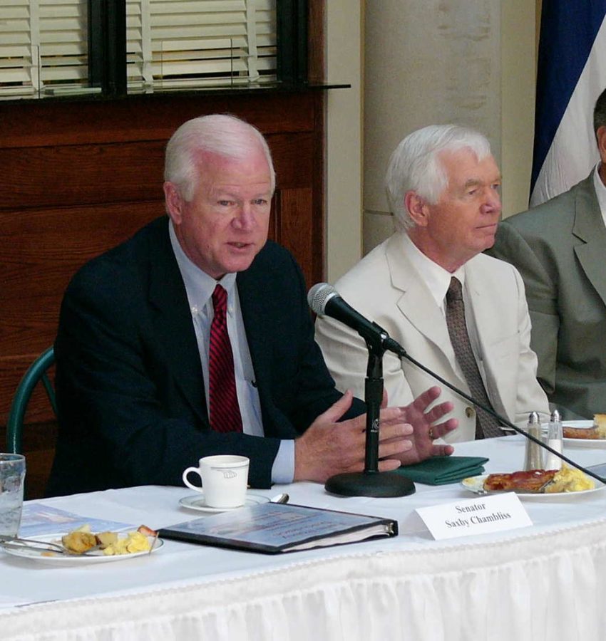 Former United States Senator Saxby Chambliss speaks to the senate while in session.