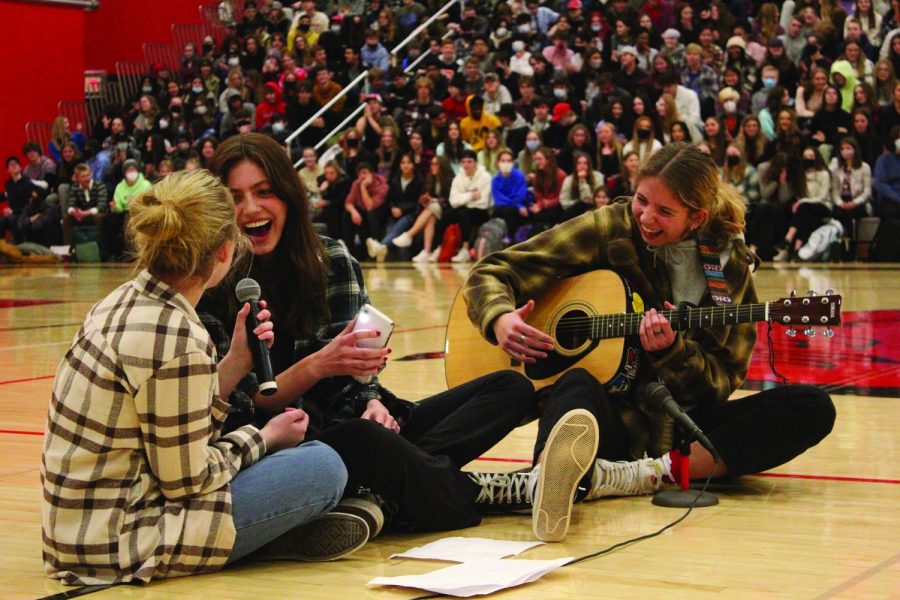 The Talent show hosted in the gym instead of the auditorium. Held Feb 15, with many students surrounding the performers.