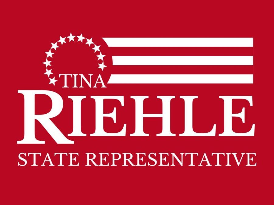 Tina Riehles flag. It has her name with a flag around it, and state representative is written underneath.