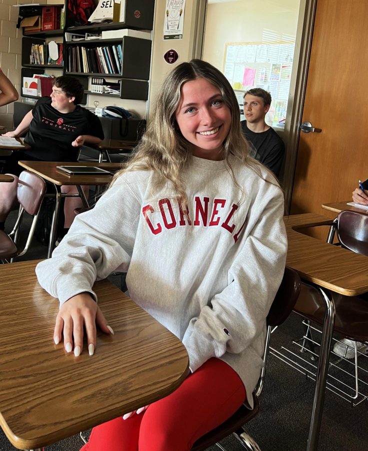 Senior+Ella+Chaves+sits+in+class+sporting+her+Cornell+University+hoodie.+