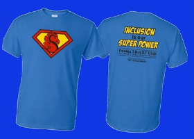 Latest TRUST club shirt, inspired in the superhero Superman, saying Inclusion is my superpower.