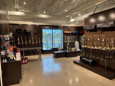 This is one of the many showrooms within the new Schmitt Music store that opened. In this particular room, there is a vast selection of trumpets.