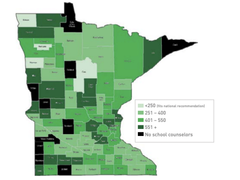 In 2016, a research study was done by the Center for Advanced Studies in Child Welfare and they show how Minnesota has the worst school counselor-to-student ratio in the country. The figure shown above then depicts the counselor-to-student ratio by Minnesota county.