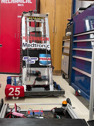 The robot the team has been working on for this season taking rest in the metals room.