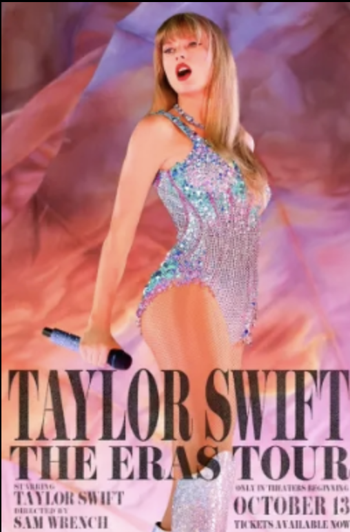This is Taylor Swifts Eras Tour movie poster. Her film consists of songs from all 10 of her albums (eras). 