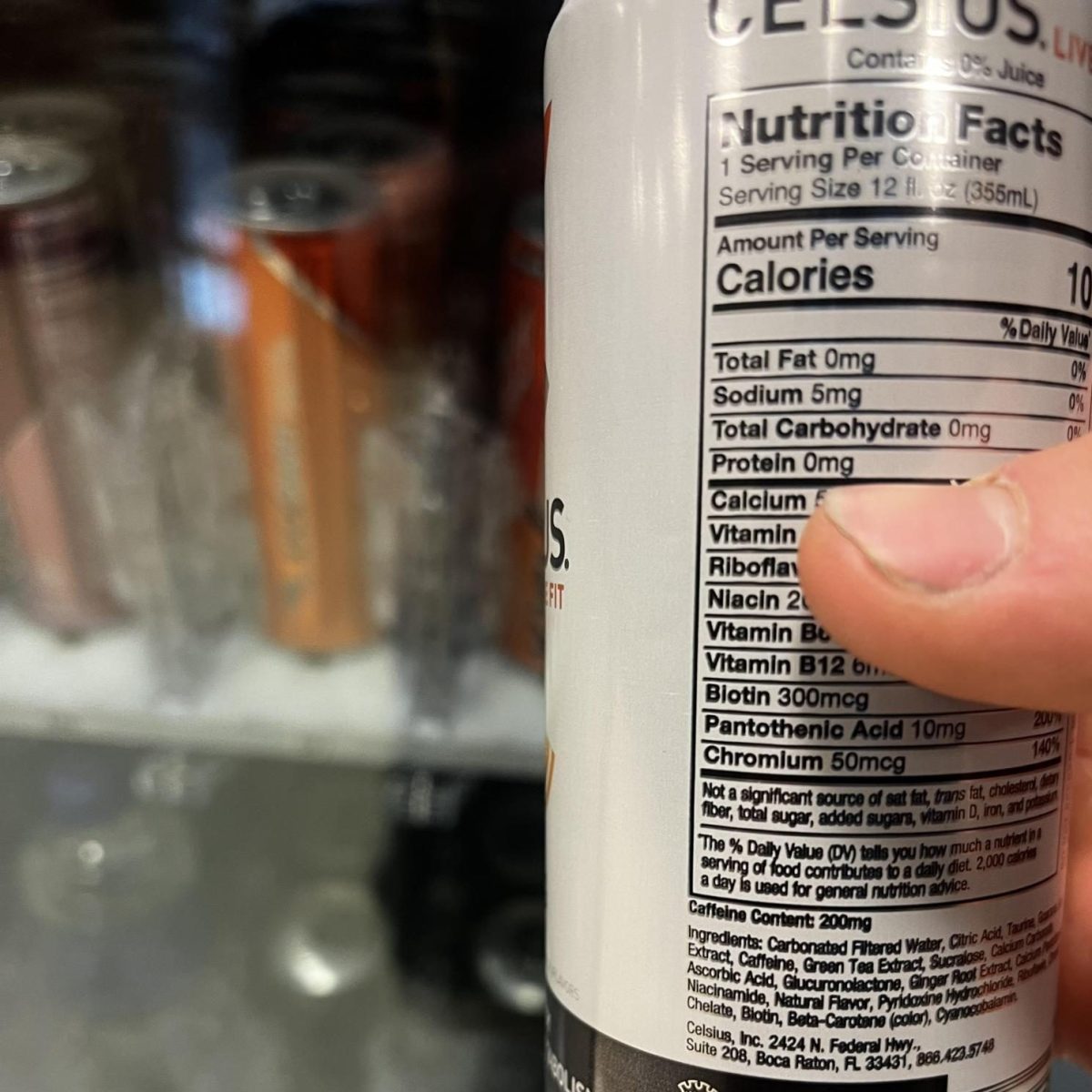 A Celsius energy drink is being sold in a high school vending machine, which has twice the healthy limit of caffeine for teens. There is no warning label on it and the caffeine amount listed on it is tiny.