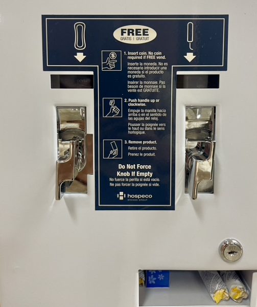 Menstrual product dispensers in womens bathrooms allow for students to have access to free products. All womens bathrooms at school have a dispenser with pads and tampons.