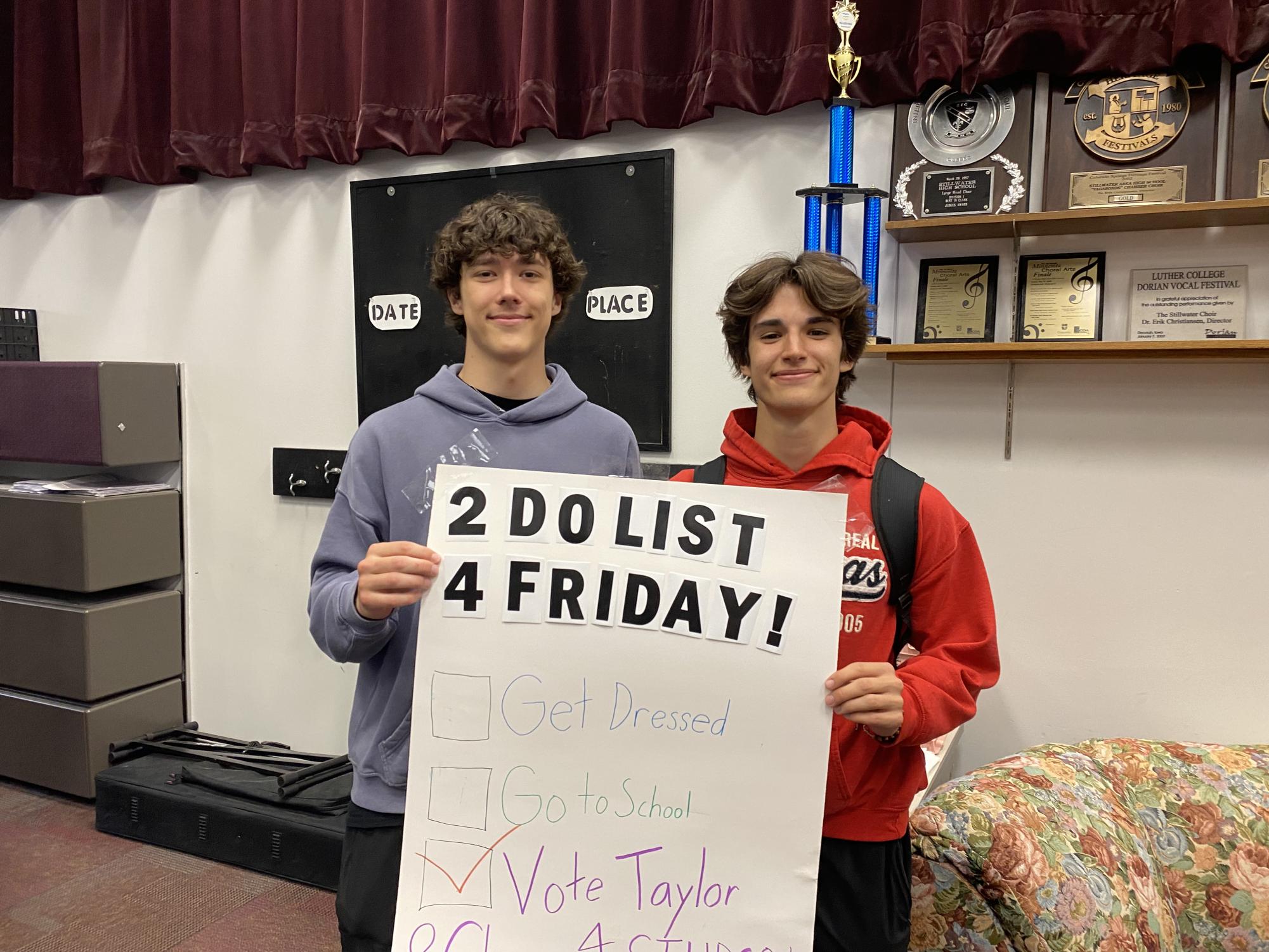 Juniors Chase Johnson and Taylor Young ran for senior representatives back in the beginning of April and were elected at the end of April. They are holding one of their many posters from around the school.