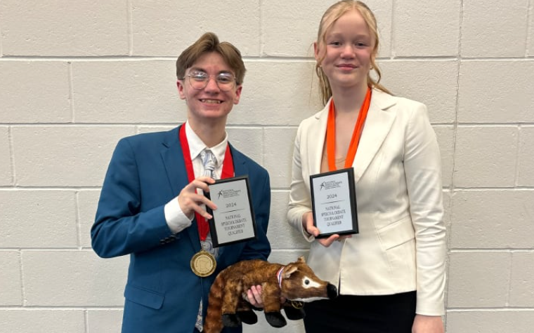 Speech students junior Brendyn Van Houten and sophomore Sophie Amundgaard Advanced to speech Nationals. This dynamic duo represents just two among the 5,000 other competitors at nationals in Des Moines, Iowa June 16-21.