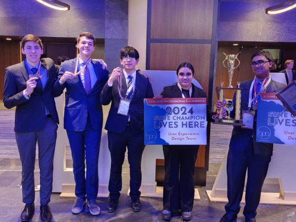 Members of BPA senior Evan Cadenhead, senior Mason Warlick, senior Jair Diaz, freshman Riddhi Singhvi and junior Coolsjes Singhvi placed 4th at state competition that earned them a spot at the state-level case study competition on April 25. 