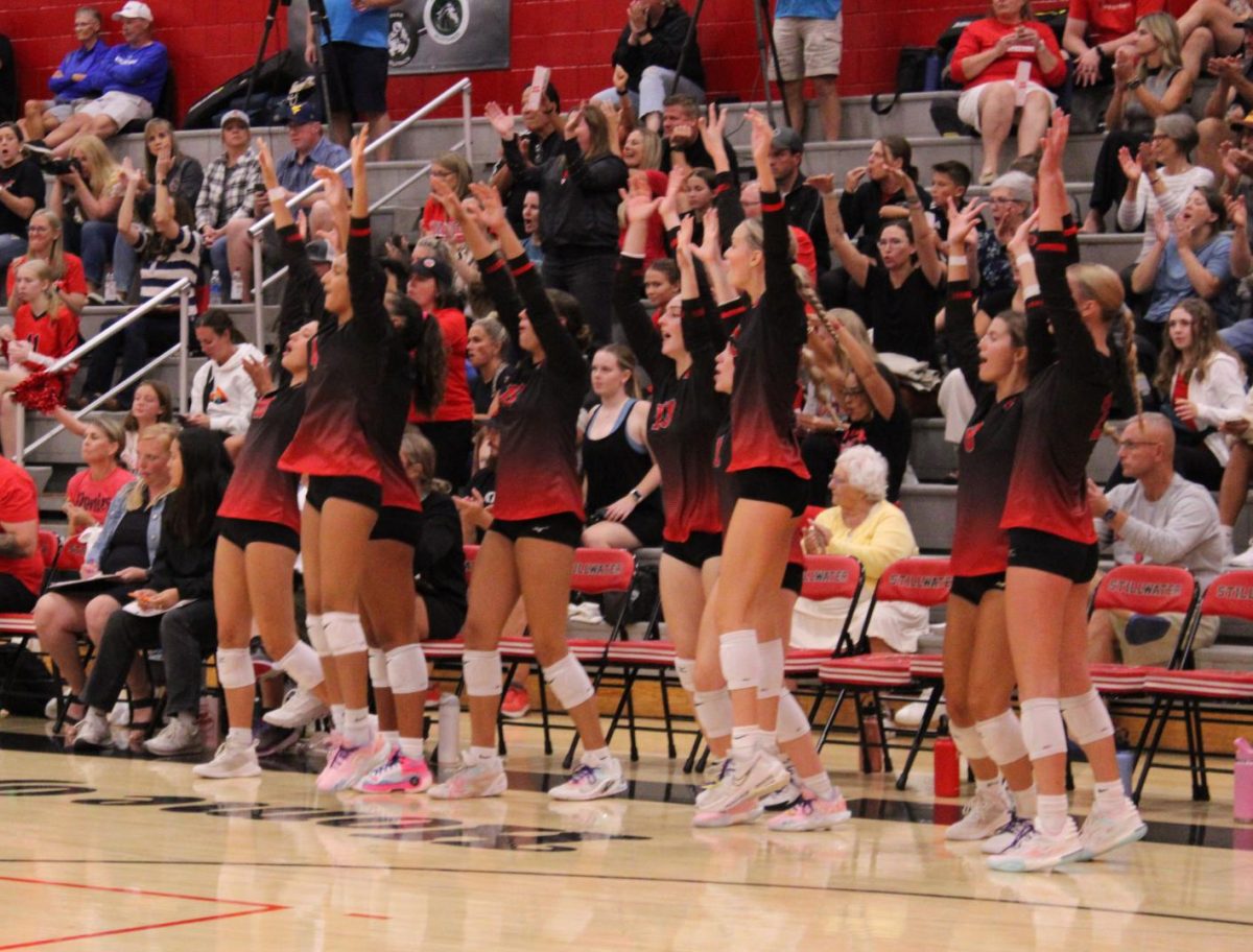 SAHS Ponies celebrating after they score the winning point against the Woodbury Royals. This left the final score at 17-15 after a very close game. Junior, and team captain Courtney Peters explains "My sister has definitely been the biggest influence on me, she gave me the courage to start playing volleyball". If not for Courtneys older sister, Mackenzie Peters, Courtney would not be where she is today, celebrating hard earned victory's with her teammates.