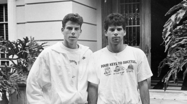 This is a photo of the Menendez brothers standing outside their beverly hills family home in 1989.