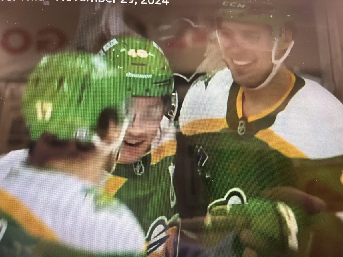 The Minnesota Wild score a game winning goal and teammates celebrate together.
