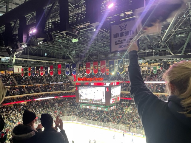 The crowd goes wild as the Minnesota Wild have scored another goal. Fans stand up and celebrate.