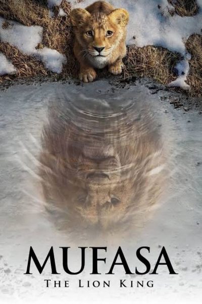 The new "Mufasa" movie poster that can be found in theaters and online, made by Disney with perfect photorealism. Beautiful scenery and realistic imagery of a lion cub and his future self by a small pond responds well with the original "The Lion King".