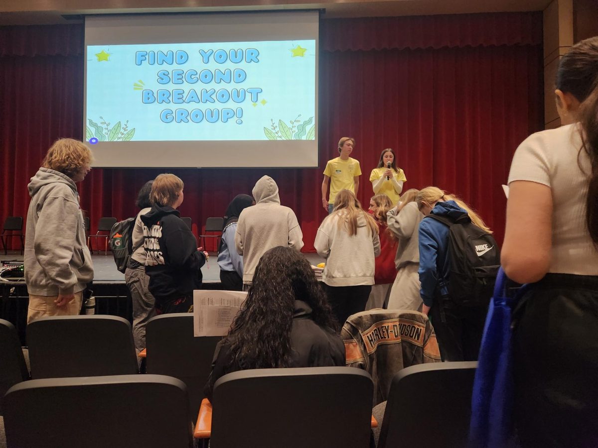 Seniors Matthew Eviston and Julianne Kurth distribute goody bags to Wellness Day participants. Everyone will receive fidgets, T-shirts, stickers and more.