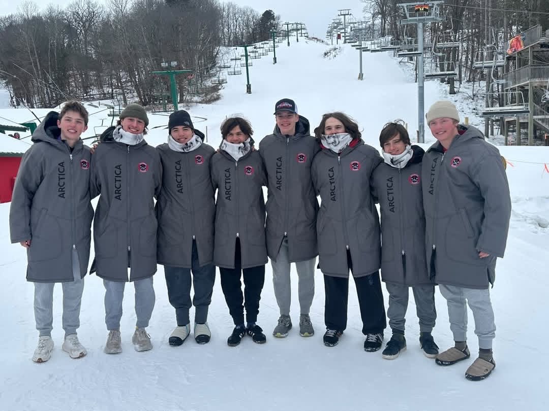 Boys alpine ski team at the Feb. 11 tournament. They all stand together to take a group photo for the PonyExpress.