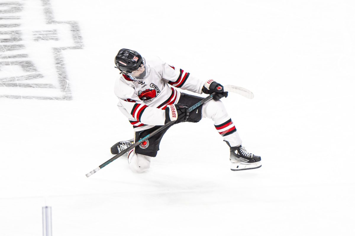 Sophomore Luca Jarvis scores a goal in the state quarterfinal game against Andover on March 13. He celebrates down the ice towards the student section.