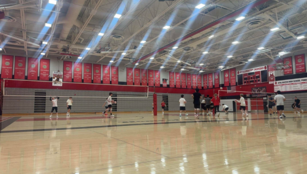 Boys volleyball is practicing for their upcoming game April 15 as they return for the new season. Both varsity and junior varsity are in the main gym preparing.