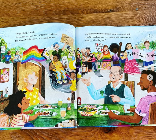 In this illustration from one of the restricted books, two men can be seen kissing, one wearing a leather outfit near the seam of the pages. This is the main image caused concern and lead to restricting this book in schools. Various news outlets say the "bondage wear" is inappropriate for preschoolers. 