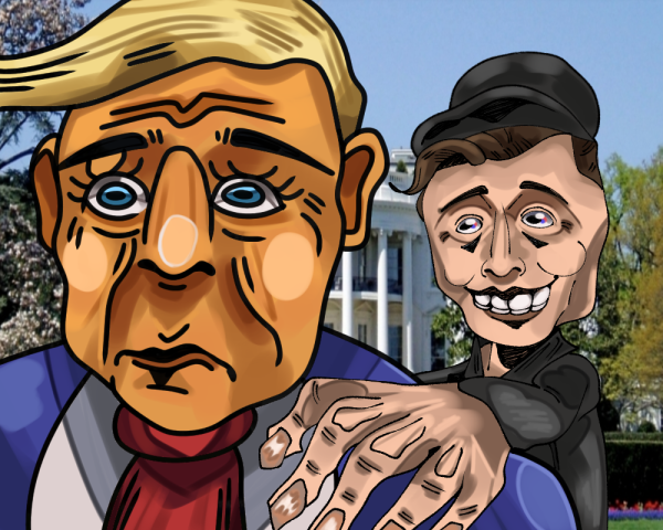 Elon Musk "lightheartedly" pressing his hand on Donald Trump's shoulder. This represents his grasp on the U.S. government as of the 2024 election. 