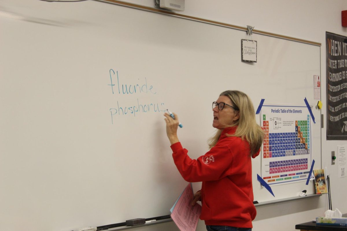 Mrs. Holmberg explaining polyatomic ions to her First hour chemistry class. 
