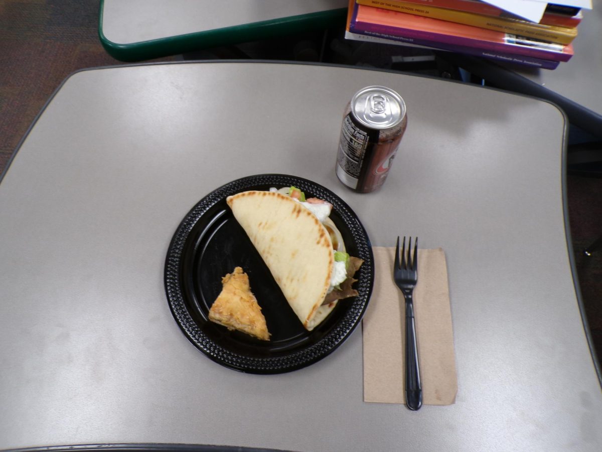 The entire meal is displayed, sandwich, dessert and drink. The sandwich, though dry, waits to be eaten.