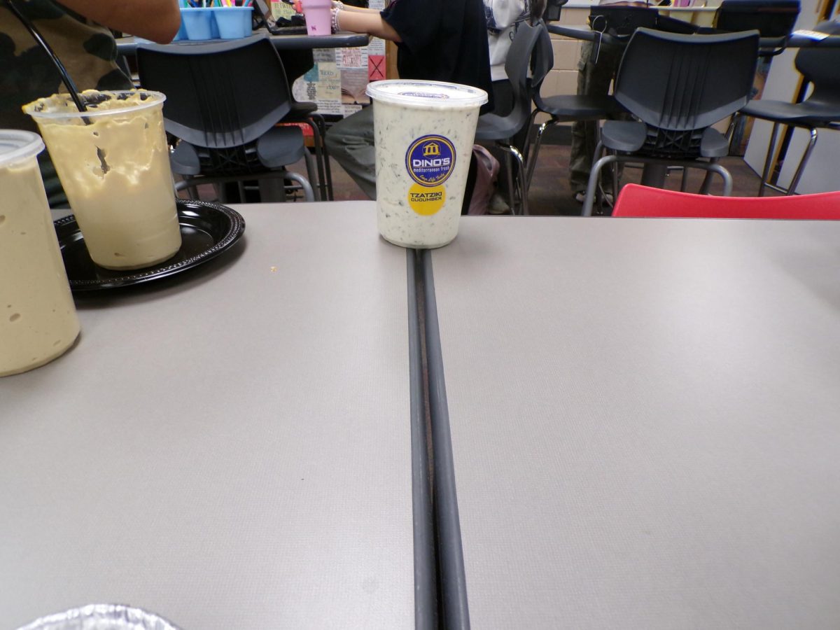 This perspective leads your eyes to the prominently placed container of Dino’s Tzatziki Cucumber sauce. Along the side of the table, an opened container of spicy feta dip is also available.